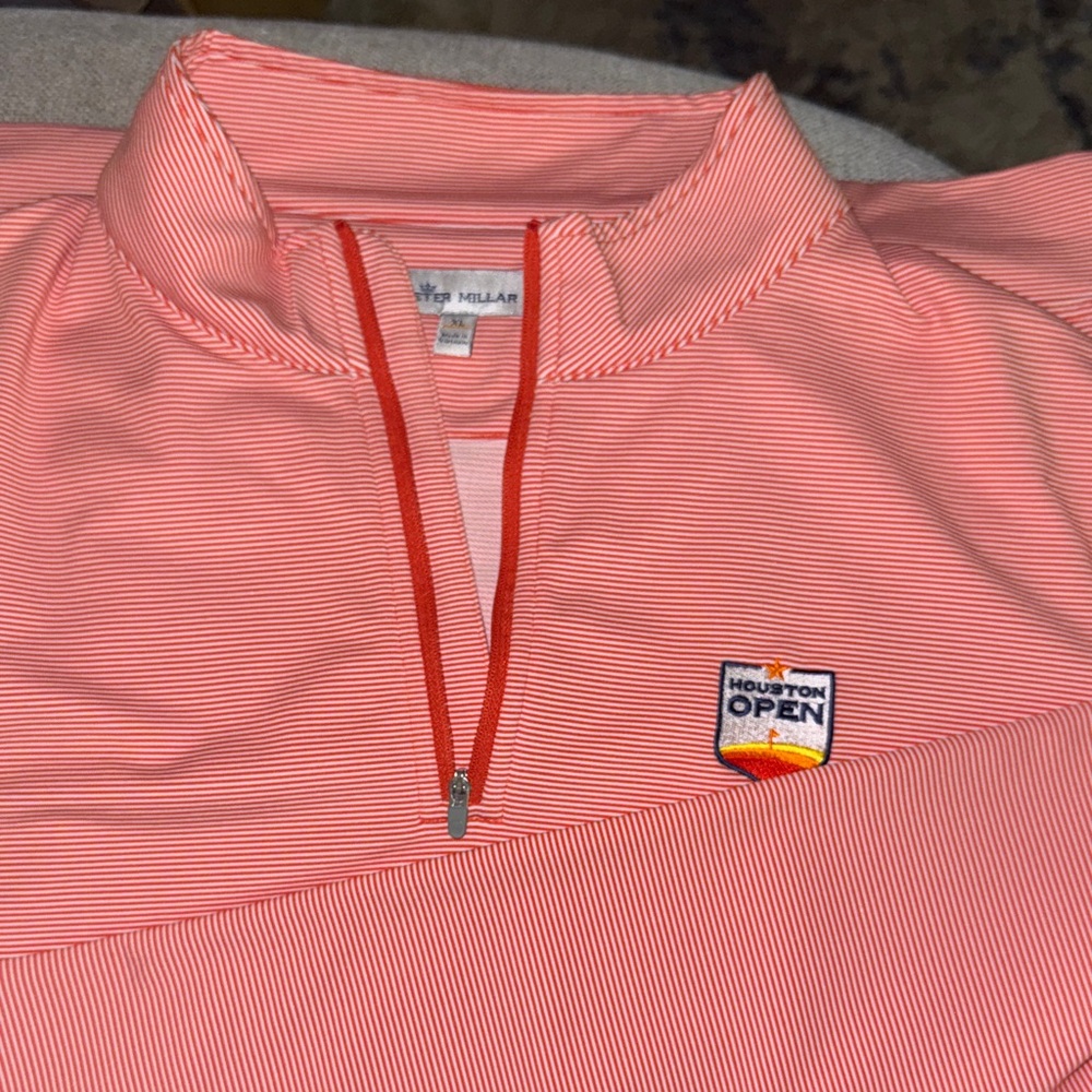 Peter Millar Houston Open Orange Striped Quarter-Zip Pullover